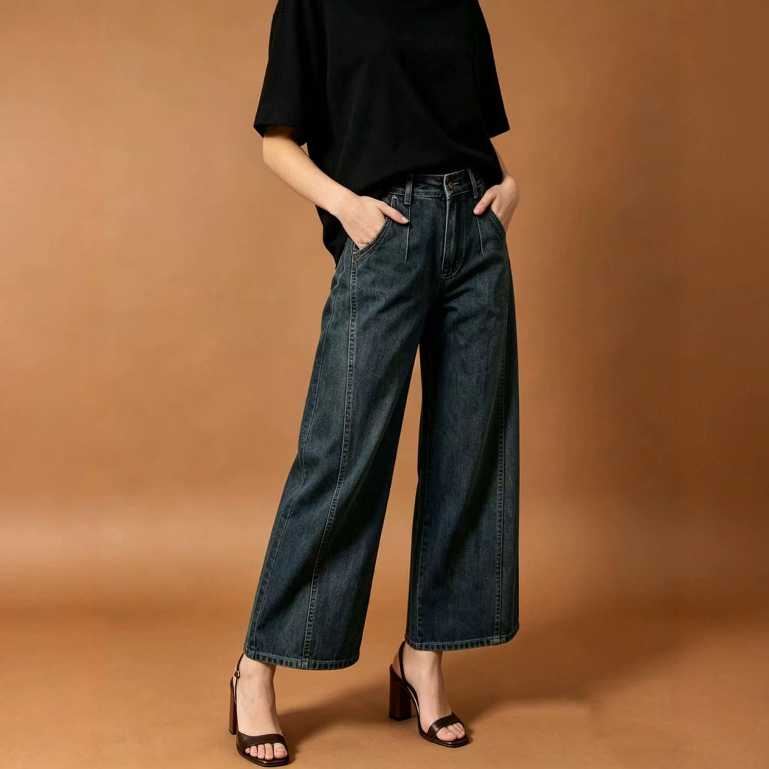 Damen nan hohe Taille Plissée Wide-Leg-Denimhose mit verkürztem Bein und dekorativen Vorderfalten Drune