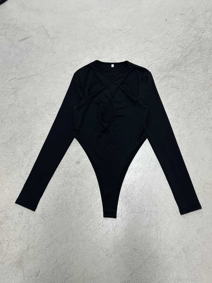 Damen Langarm Bodysuit mit raffiniertem Kreuz-Design und Hochbund Drune
