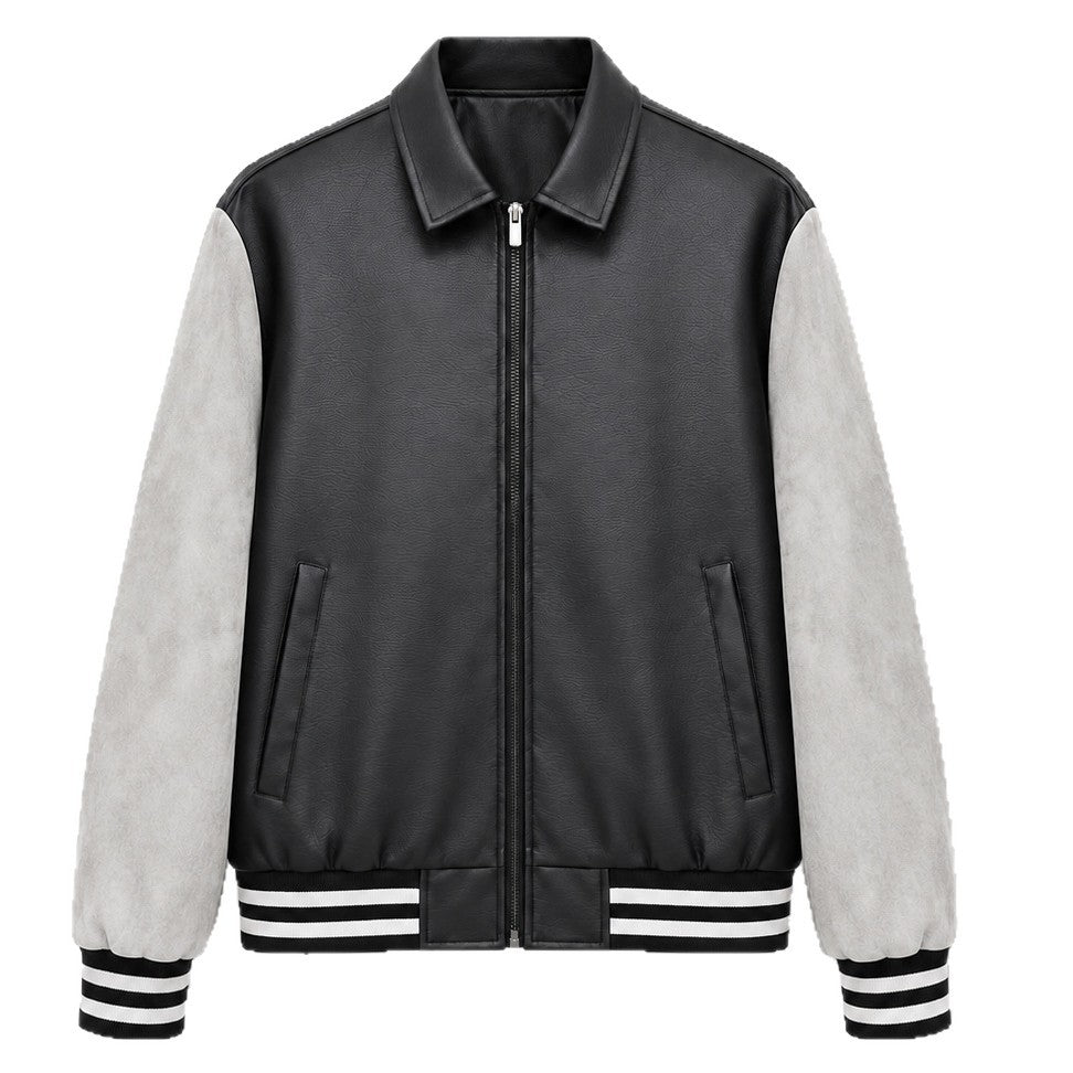 Herren Retro Letterman‑Bomber mit glattem Kunstlederkörper und Veloursärmmel-Detail Drune