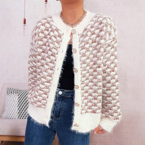 Damen flauschige Strickjacke mit modischer Knopfdetailstruktur und lässigem Schnitt Drune