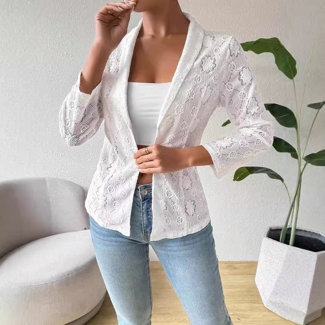 Damen nan transparenter Spitzenblazer mit Schalkragen und dreiviertellangen Ärmeln Drune