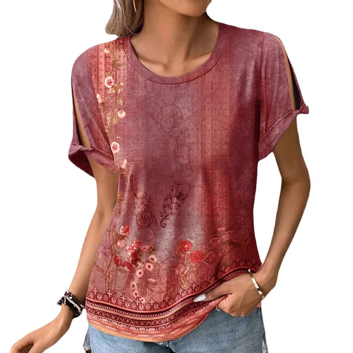 Damen florales Oversized-T-Shirt mit Cut-Out-Ärmeln Drune
