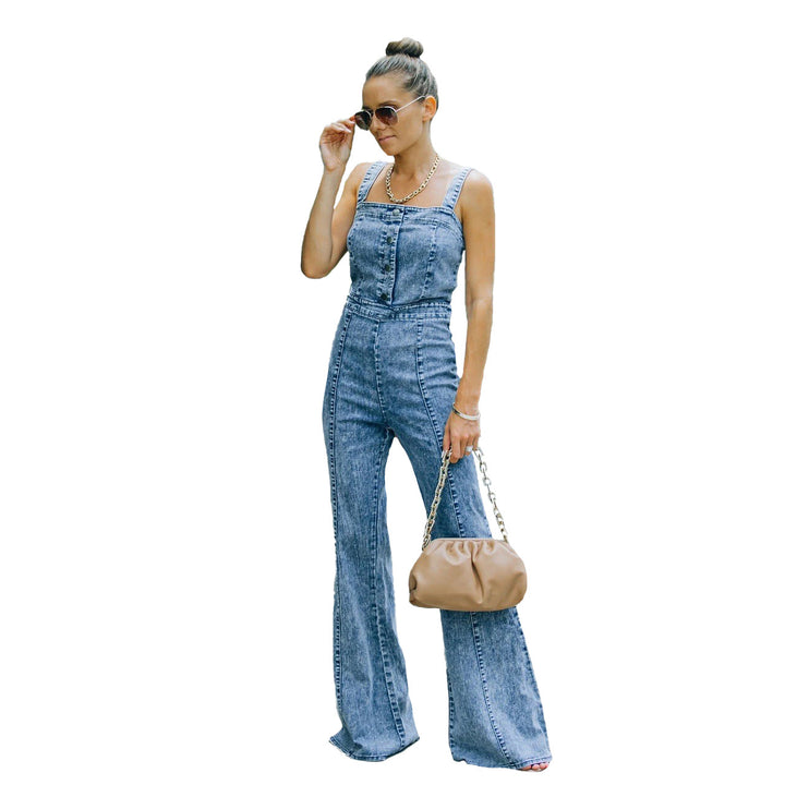 Damen Jumpsuit im lässigen Denim-Look mit weit geschnittenem Beinen und dekorativen Knöpfen Drune