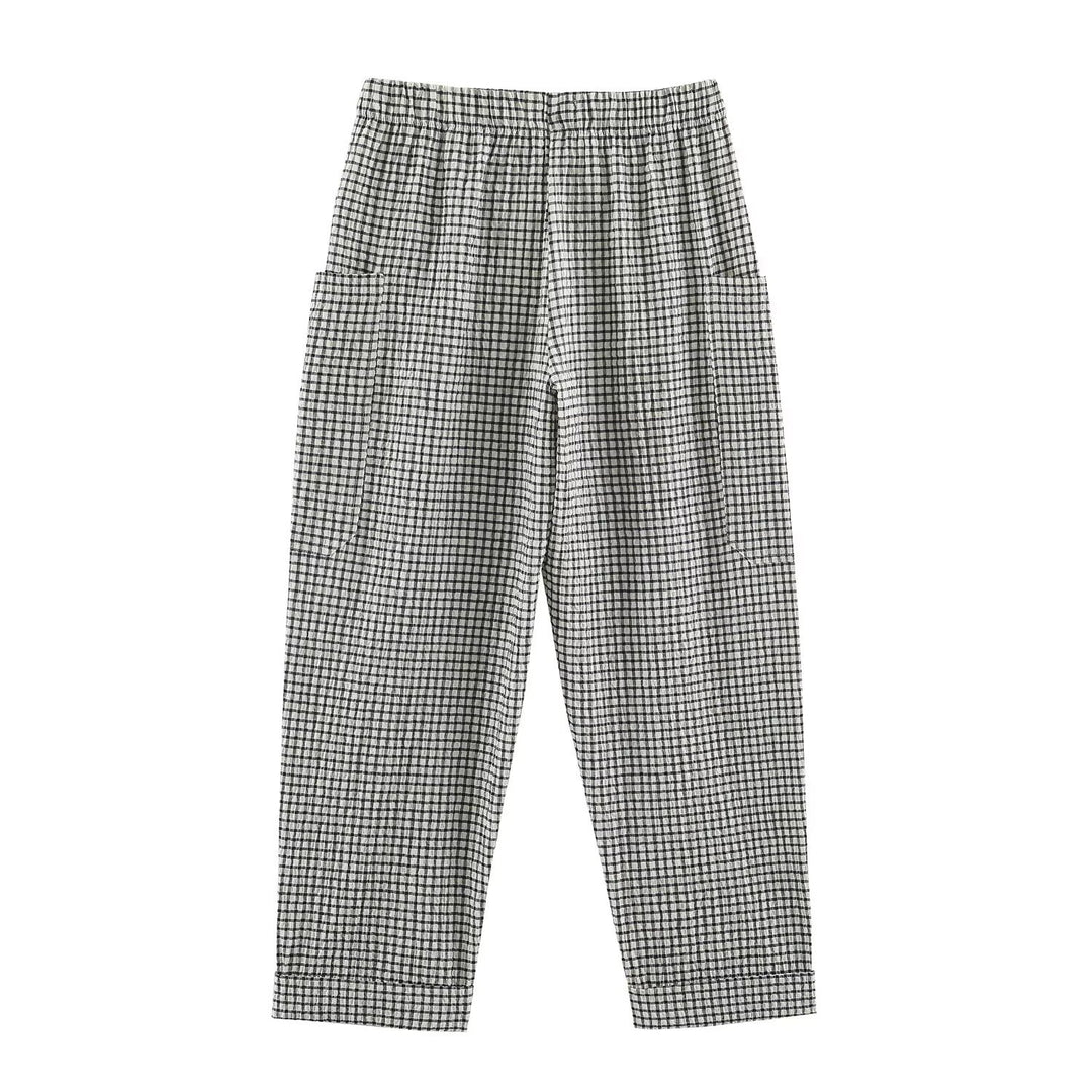 Damen Leichte karierte Seersucker-Hose mit Gummibund, aufgesetzten Taschen und schmal zulaufendem Bein Drune