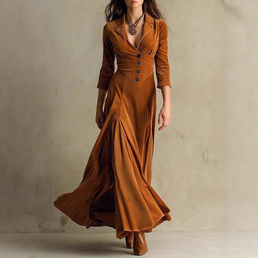 Damen Samt-Midaxi-Kleid mit tailliertem Sakko-Oberteil, V-Ausschnitt und weitem Stufenrock Drune