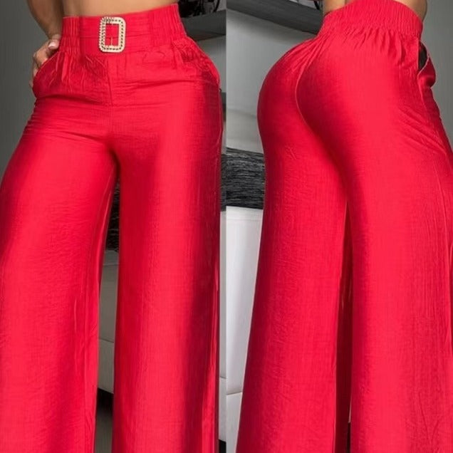 Damen Weite Palazzo-Hose mit hochtailliertem Bund und dekorativem Gürtel Drune