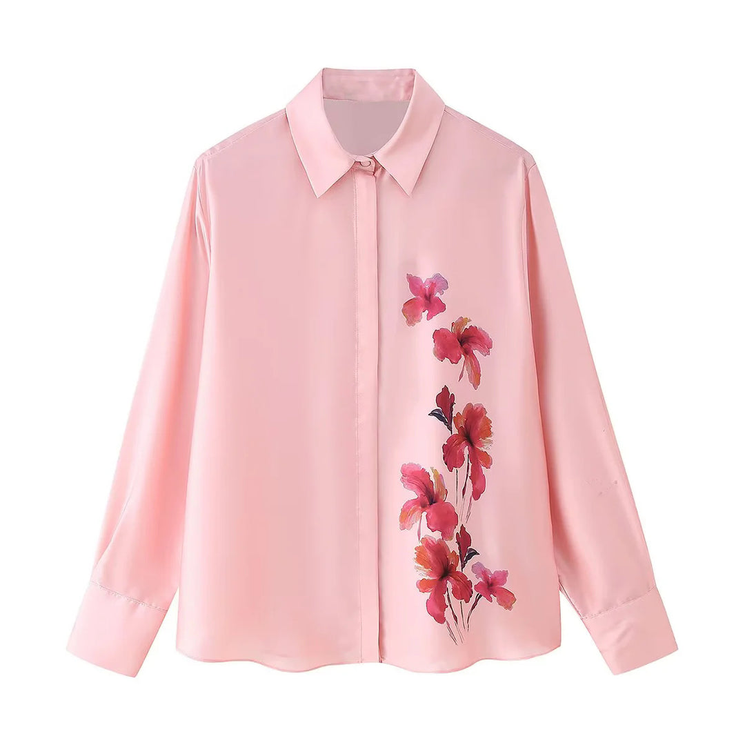Damen nan seidige Satinbluse mit Hemdkragen, verdeckter Knopfleiste und floraler Seitenapplikation Drune