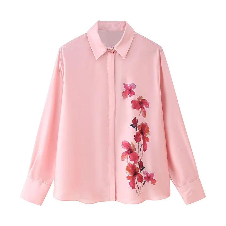 Damen nan seidige Satinbluse mit Hemdkragen, verdeckter Knopfleiste und floraler Seitenapplikation Drune
