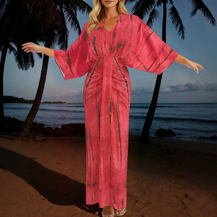 Damen Fließendes Maxikleid mit V‑Ausschnitt, Wickeloptik und dekorativem Taillenband Drune