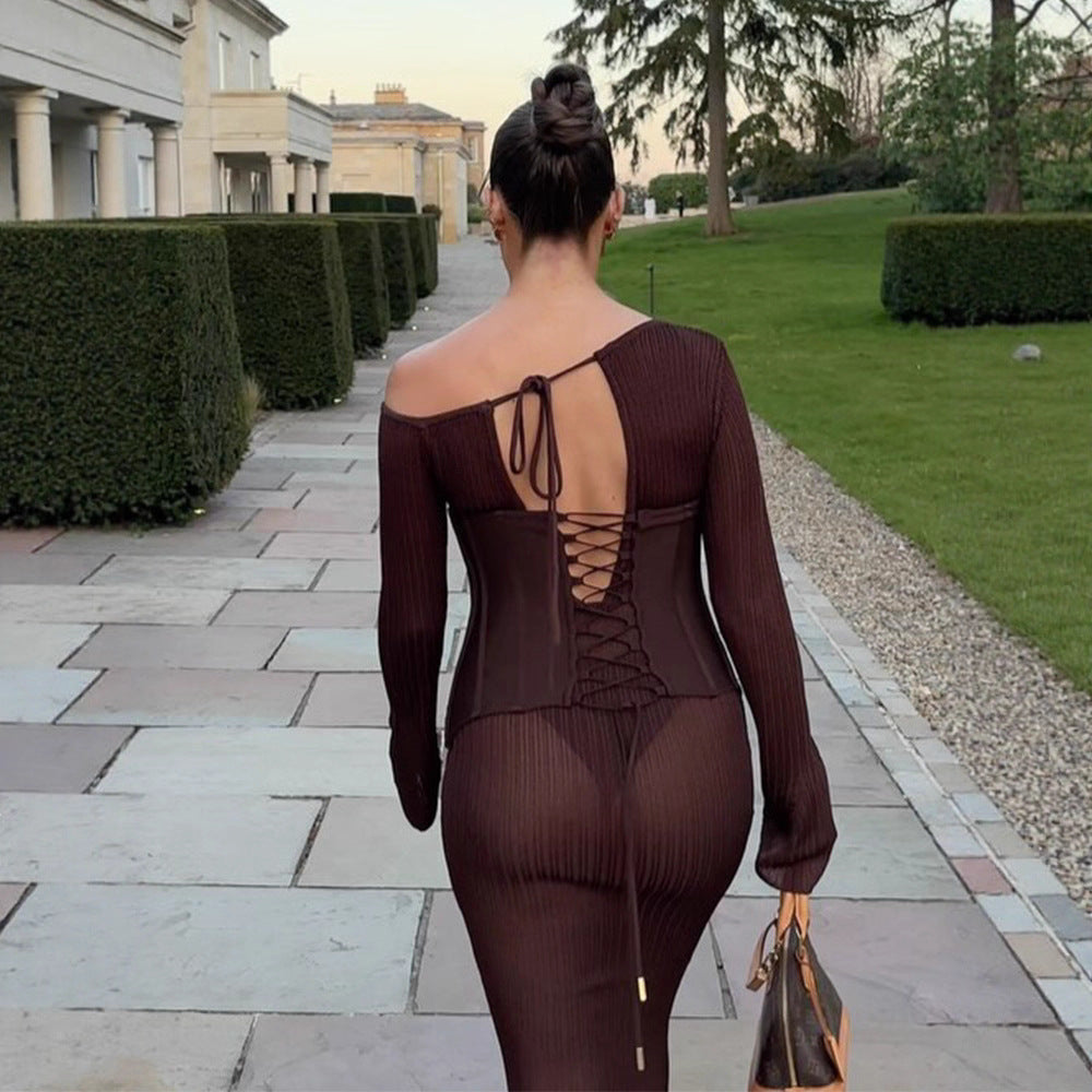 Damen One-Shoulder Maxikleid mit formendem Korsettbund und Rippstrick Drune