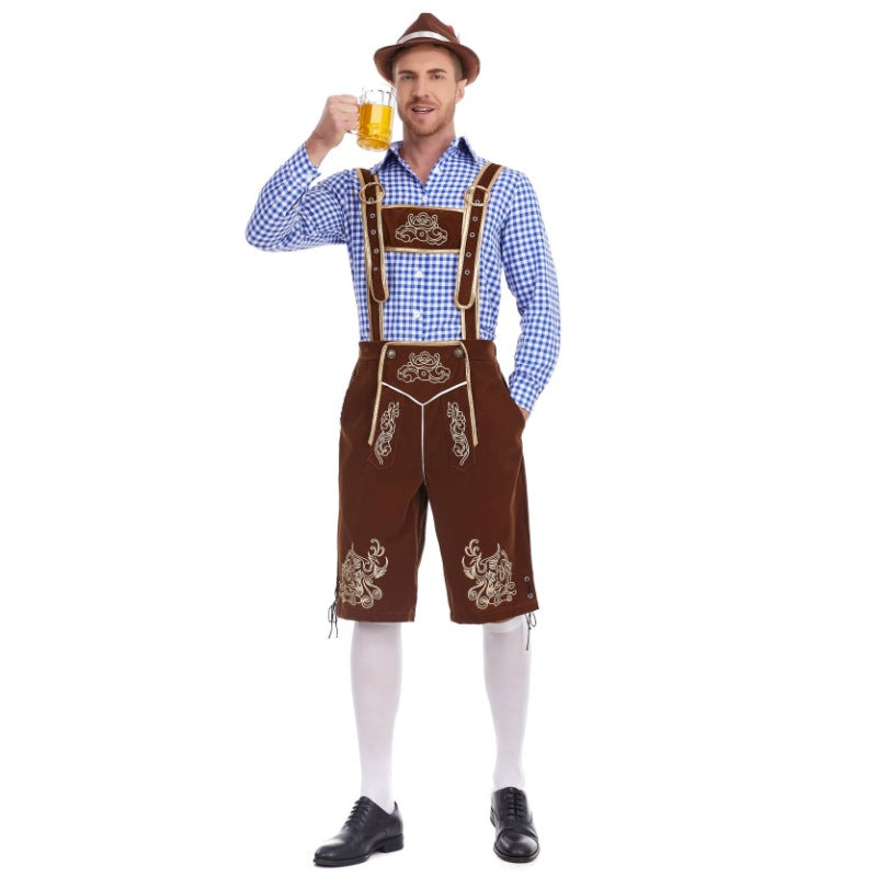 Herren nan Filzoptik-Lederhose knielang mit barocker Stickerei, verstellbaren Trägern und Dekornieten Drune