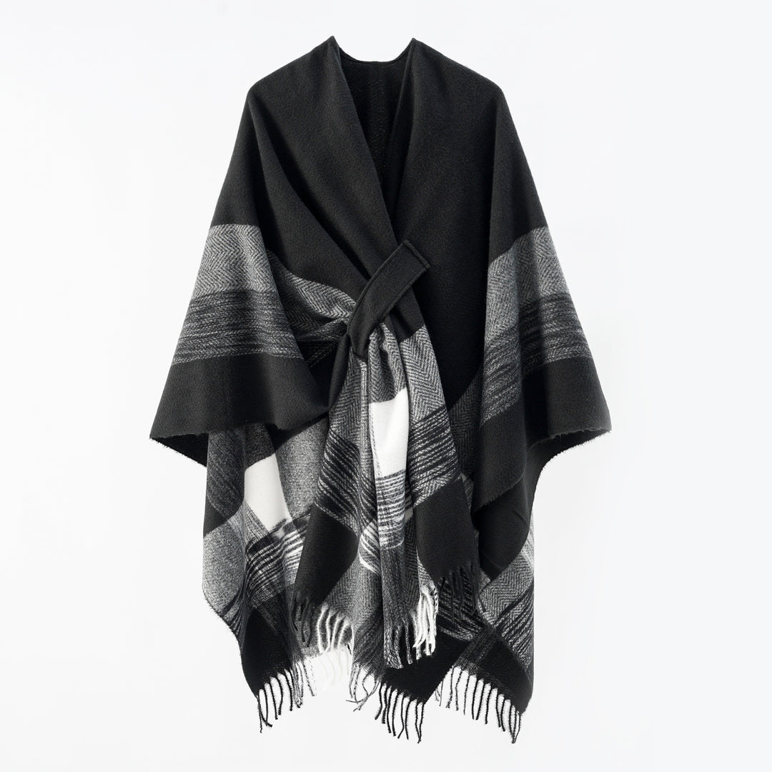 Damen Strickponcho mit geometrischem Blockmuster und Fransen Drune