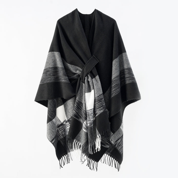 Damen Strickponcho mit geometrischem Blockmuster und Fransen Drune