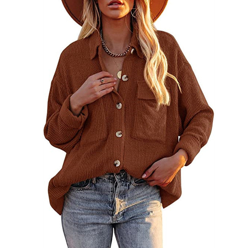 Damen Oversize-Feinstrick-Hemdjacke mit Knopfleiste und Brusttaschen Drune