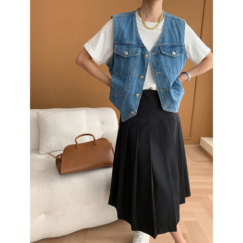 Damen lässige Jeansweste mit Druckknöpfen und zwei aufgesetzten Taschen Drune