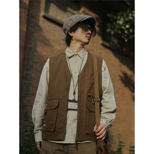 Herren Multifunktionale Canvas-Utility-Weste mit Fronttaschen und Reißverschluss Drune