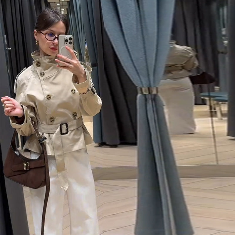 Damen modische Trenchjacke mit Gürtel und doppelter Knopfaiusschnitt Drune