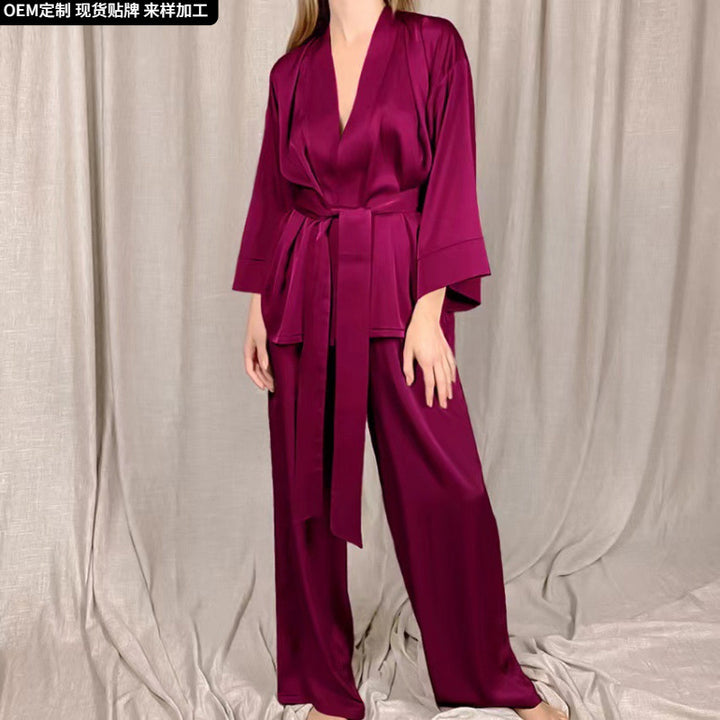 Damen satinierter Kimono-Style Morgenmantel und Hose Set Drune