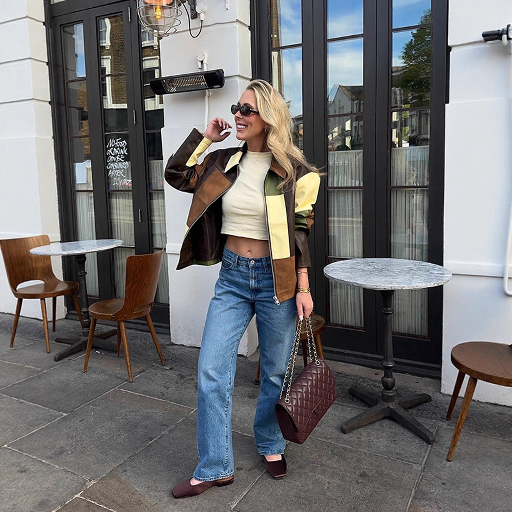 Damen Patchwork-Lederjacke mit Reißverschluss und Oversize-Boxy-Schnitt Drune