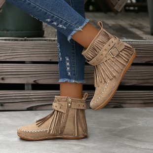 Damen nan knöchelhohe Fransen-Boots in Wildleder-Optik mit dekorativer Schnalle, Ziernieten und gepolstertem Komfortfußbett Drune