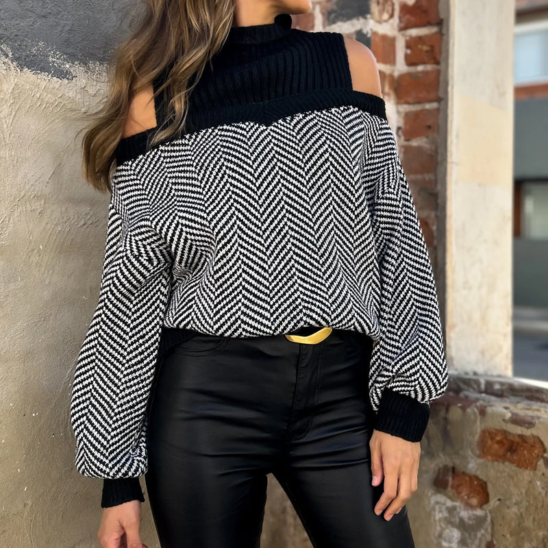 Damen Verspielter Strickpullover mit Schulterfreies Design Drune