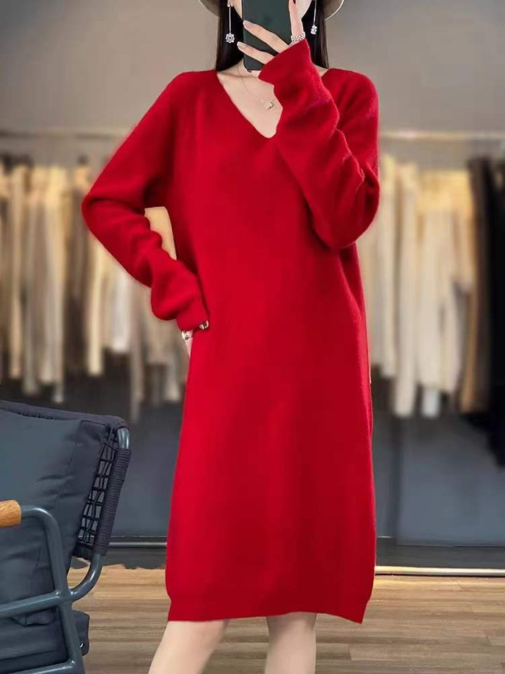 Damen gemütliches Strickkleid mit V-Ausschnitt und lässigem Schnitt Drune