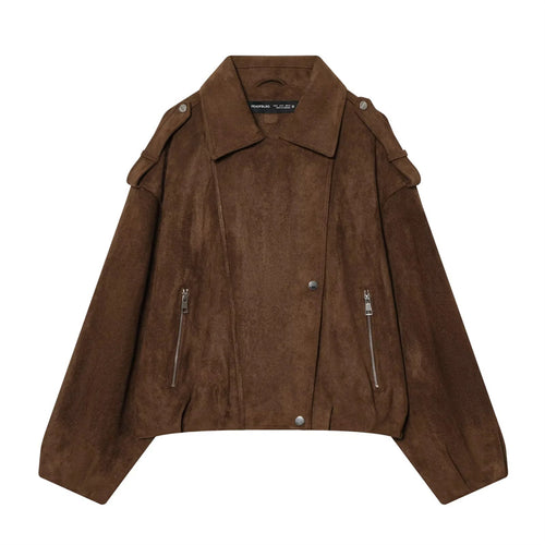 Damen nan kastige Cropped-Bikerjacke aus Wildlederimitat mit Schulterklappen und Reißverschlusstaschen Drune