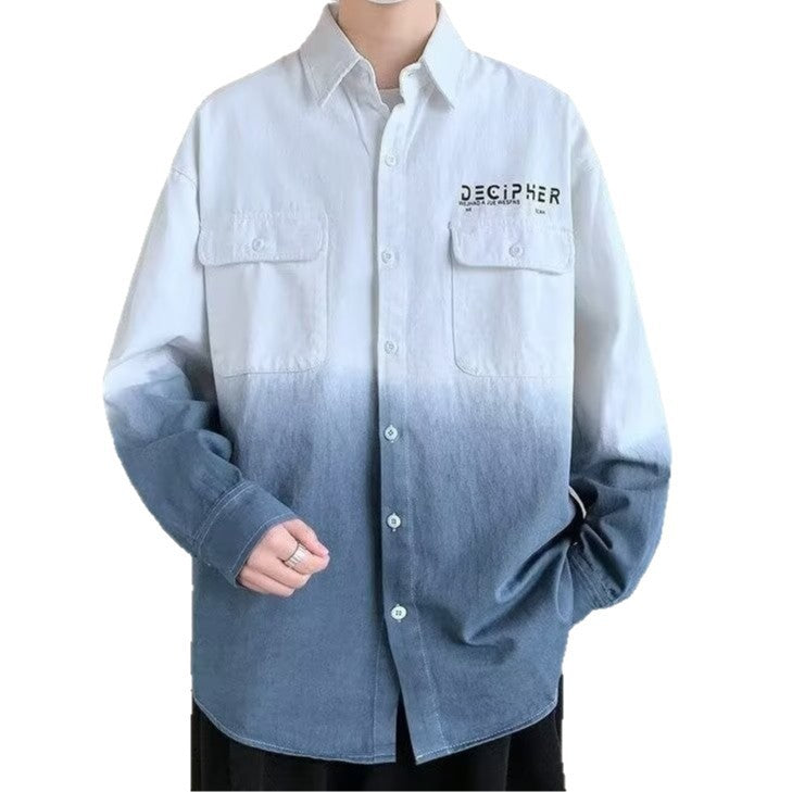 Herren Oversize Dip Dye Baumwollhemd mit Brusttaschen und Verlauffärbung Drune