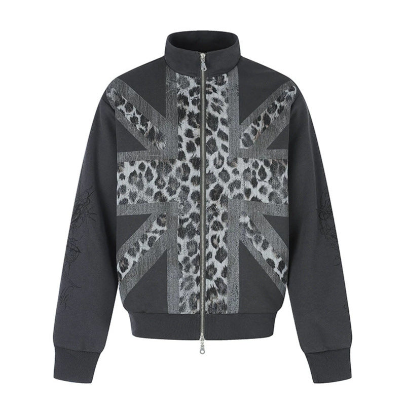 Damen Zip-Sweatjacke mit Stehkragen und Leoparden‑Union‑Jack‑Print Drune