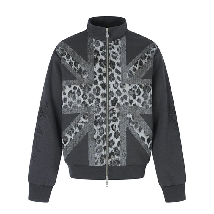 Damen Zip-Sweatjacke mit Stehkragen und Leoparden‑Union‑Jack‑Print Drune