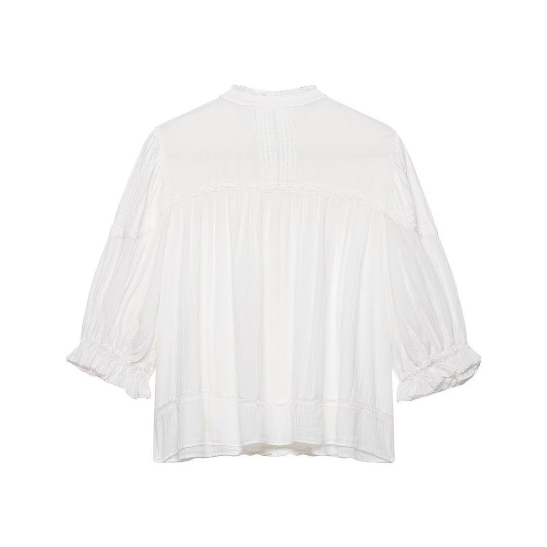 Damen Leichte Tunika‑Bluse mit Stehkragen, Plissee- und Spitzenbesatz Drune
