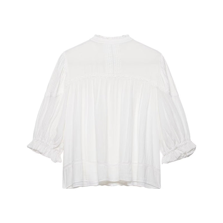 Damen Leichte Tunika‑Bluse mit Stehkragen, Plissee- und Spitzenbesatz Drune