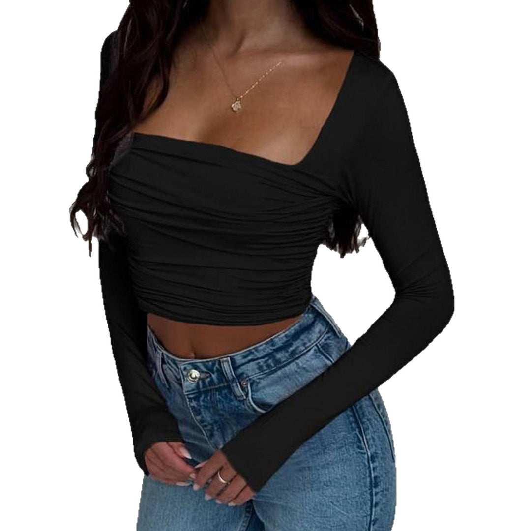 Damen Tailliertes langärmeliges Crop-Top mit eckigem Ausschnitt und Raffung Drune