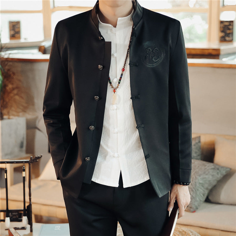 Herren nan asiatisch inspirierte Mandarinjacke mit Stehkragen, Knotenknopfleiste und tonalem Stick-Emblem Drune