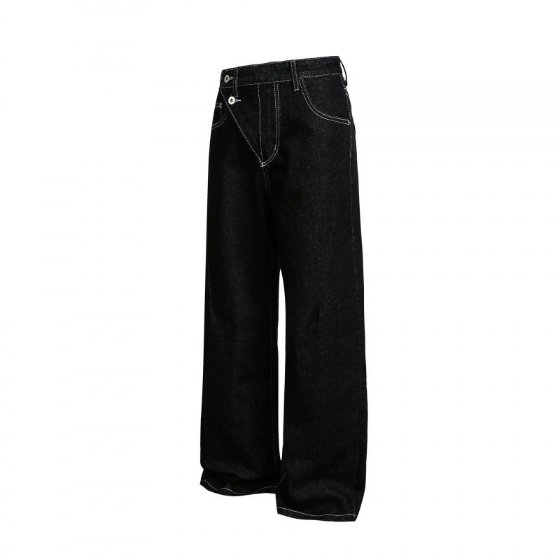 Damen Weite High‑Waist Denim-Jeans mit asymmetrischer Knopfleiste und Kontrastnähten Drune