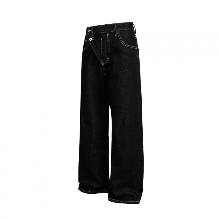 Damen Weite High‑Waist Denim-Jeans mit asymmetrischer Knopfleiste und Kontrastnähten Drune