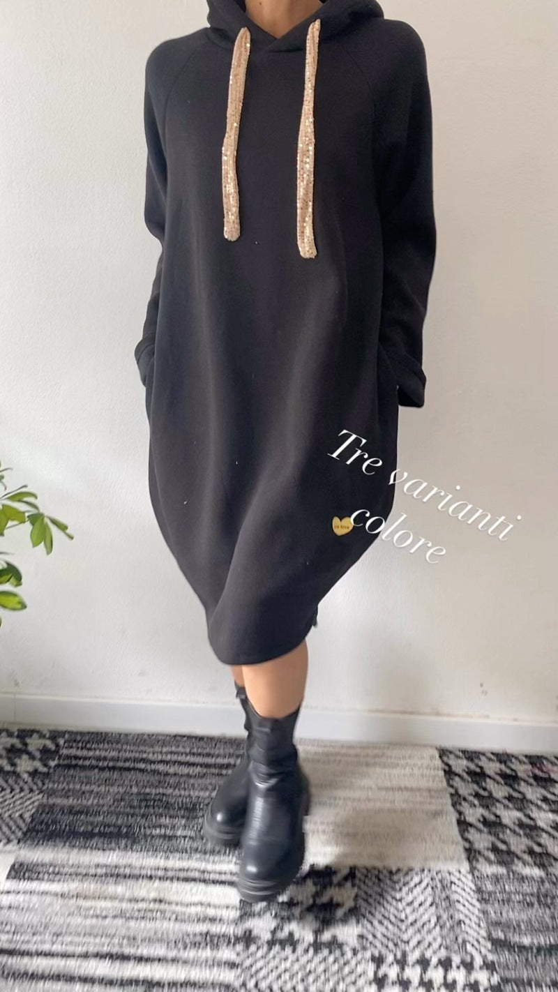 Damen Kapuzenkleid im lässigen Oversize-Stil mit glitzernden Akzenten Drune