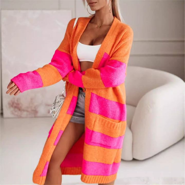 Damen lässiger Strickmantel mit großen Streifen Drune