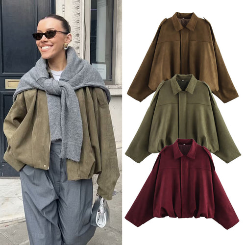 Damen Oversize-Suedejacke mit Schulterklappen, verdeckter Knopfleiste und elastischem Saum Drune