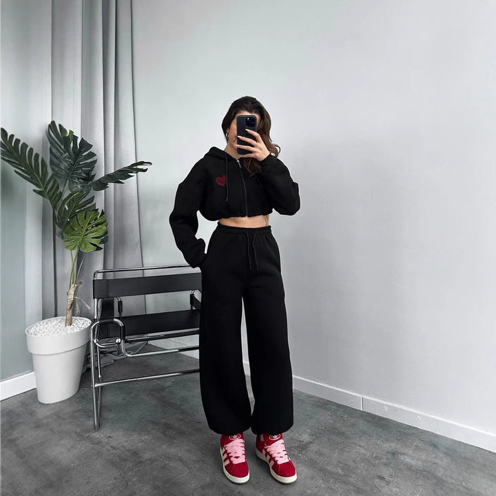 Damen Gekürztes Kapuzen‑Zip‑Set mit Herz‑Stickerei und weiter High‑Waist Jogginghose Drune