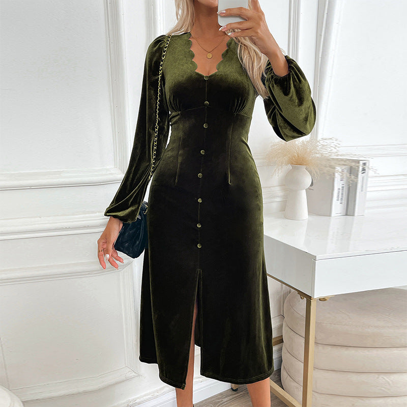 Damen Samt-Midikleid mit Wellenkante am V-Ausschnitt, dekorativer Knopfleiste und seitlichem Beinschlitz Drune