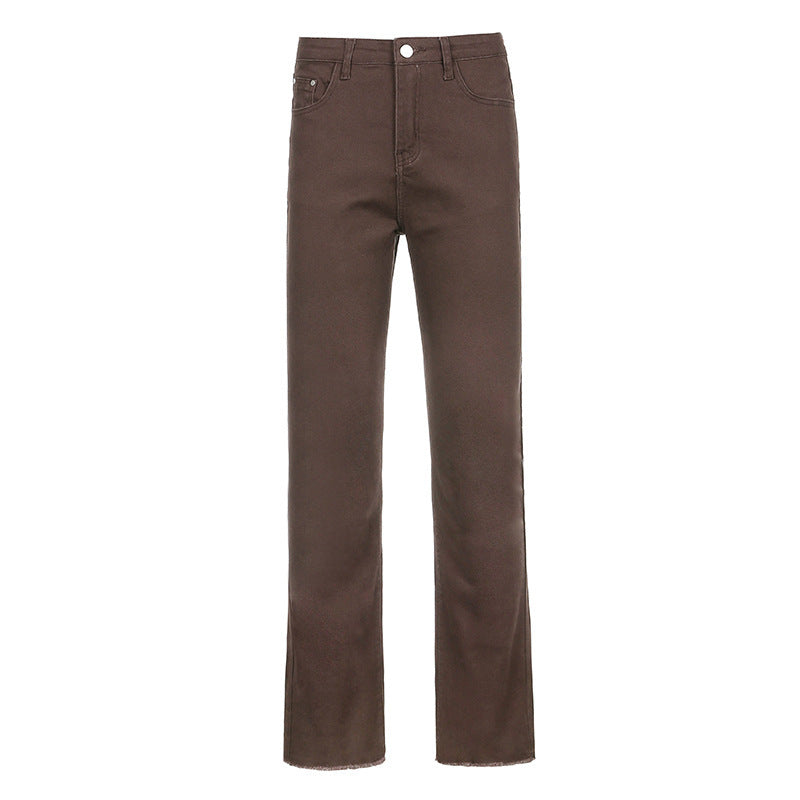Damen klassische Bootcut-Jeans mit fransigem Saum und hohem Bund Drune