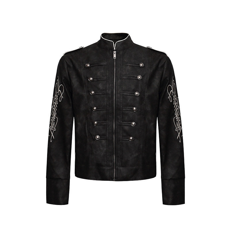 Herren Military-inspirierte Lederjacke mit Stehkragen, Zierknopfreihen und bestickten Ärmeln Drune