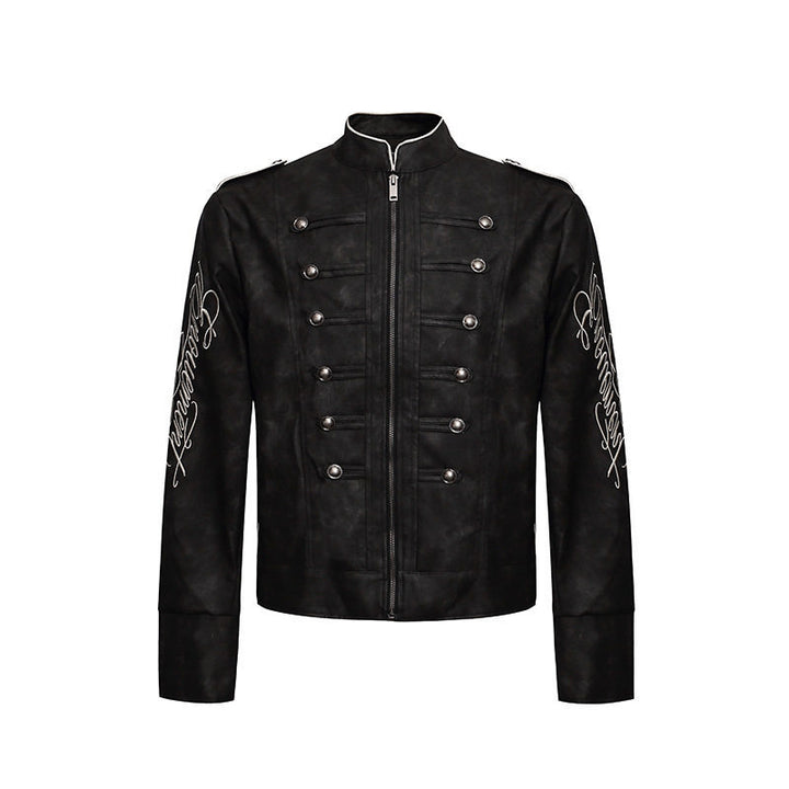 Herren Military-inspirierte Lederjacke mit Stehkragen, Zierknopfreihen und bestickten Ärmeln Drune