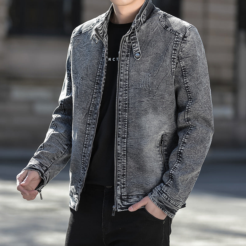 Herren Jeansjacke im Vintage-Washed Slim-Fit mit Stehkragen und Reißverschluss Drune