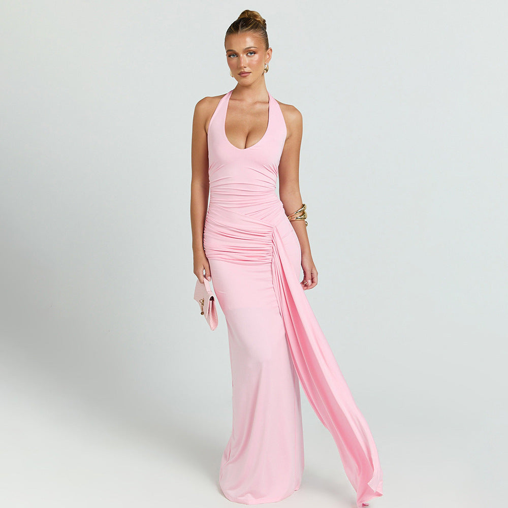 Damen Maxikleid mit tiefem Ausschnitt und Raffungen Drune