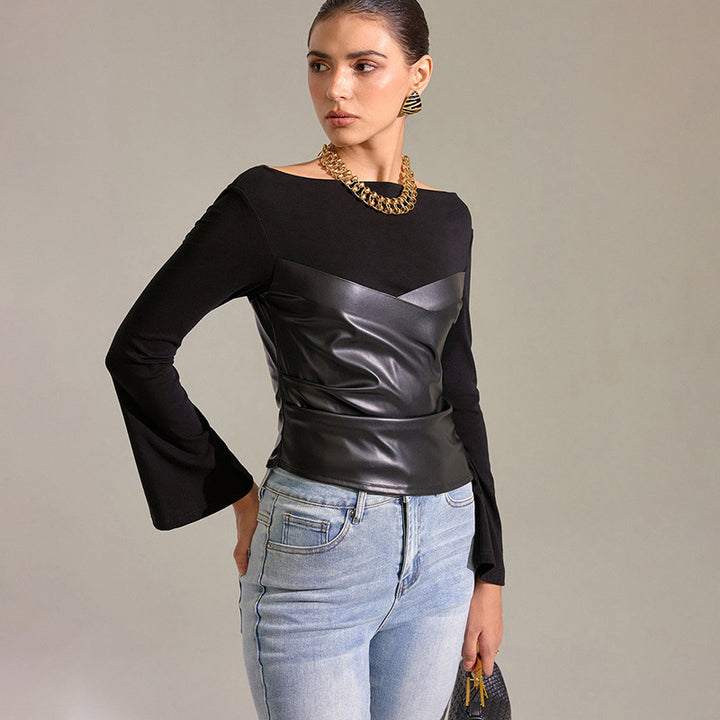 Damen Oberteil mit ausgefallenem Wickeldesign und eleganten Trompetenärmeln Drune