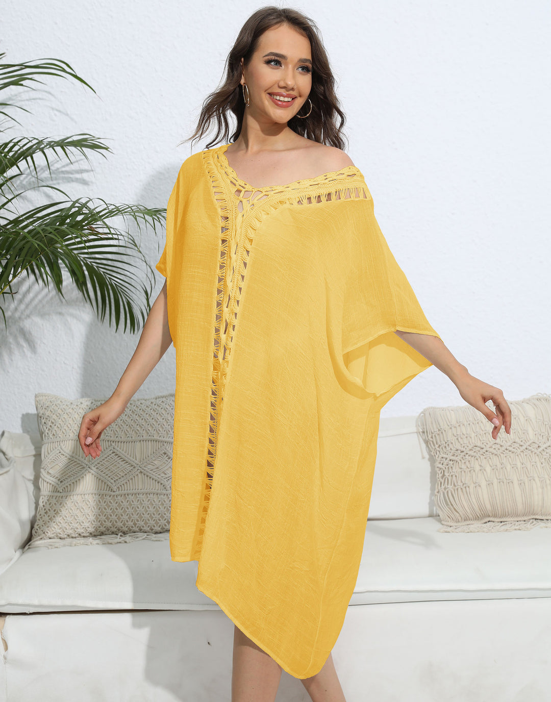Damen luftiger Kaftan mit filigranem Häkelmuster Drune