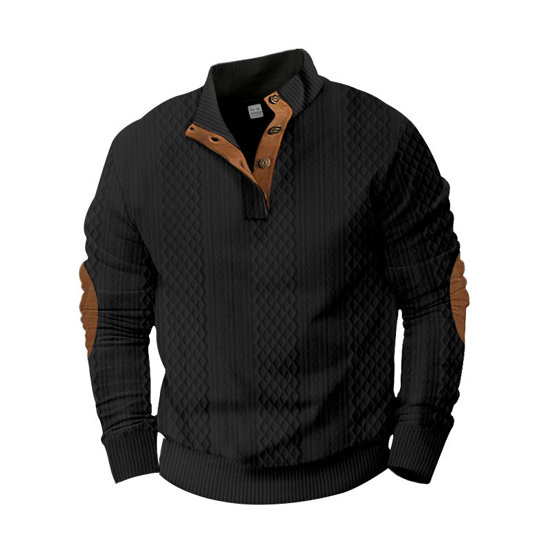 Herren nan strukturierter Henley-Pullover mit Stehkragen, Knopfleiste und Lederoptik-Ellbogenbesatz Drune