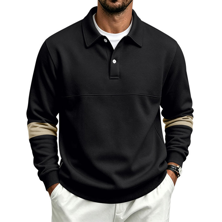 Herren Langärmeliges Poloshirt-Sweatshirt mit verdeckter Knopfleiste, Brustnaht und Kontraststreifen Drune